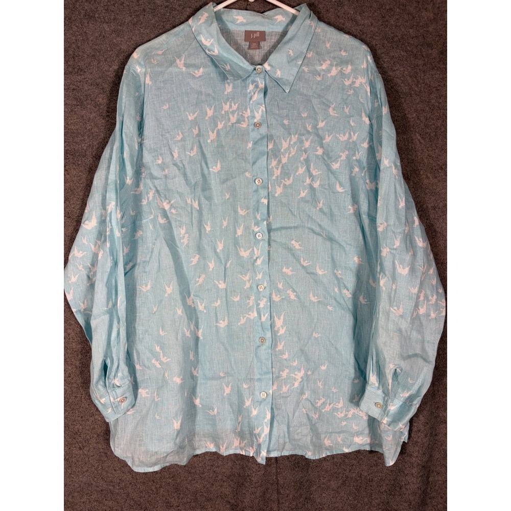 J. Jill 100% Linen Bird Print Button Down Shirt Blue Women 2X Long Sleeve